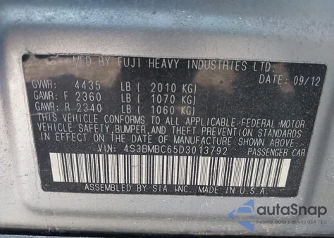 2013 Subaru Legacy 2.5I Premium z USA, uszkodzony, nr VIN 4S3BMBC65D3013792